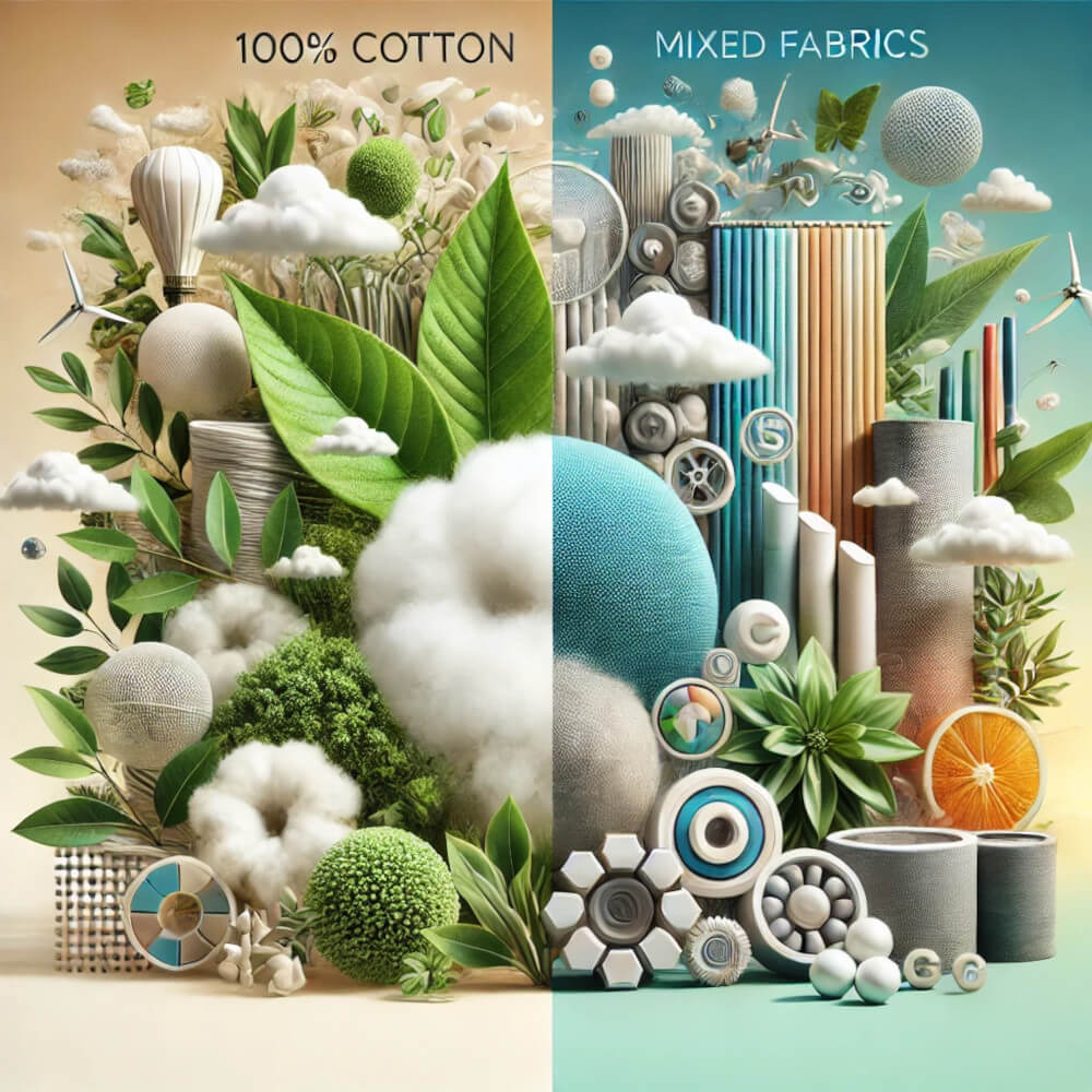 Visualisierung der Unterschiede zwischen 100% Baumwolle und Mischgeweben: linke Seite zeigt natürliche Baumwolle mit grünen, umweltfreundlichen Elementen, rechte Seite präsentiert strapazierfähige und elastische Mischstoffe mit modernen Texturen