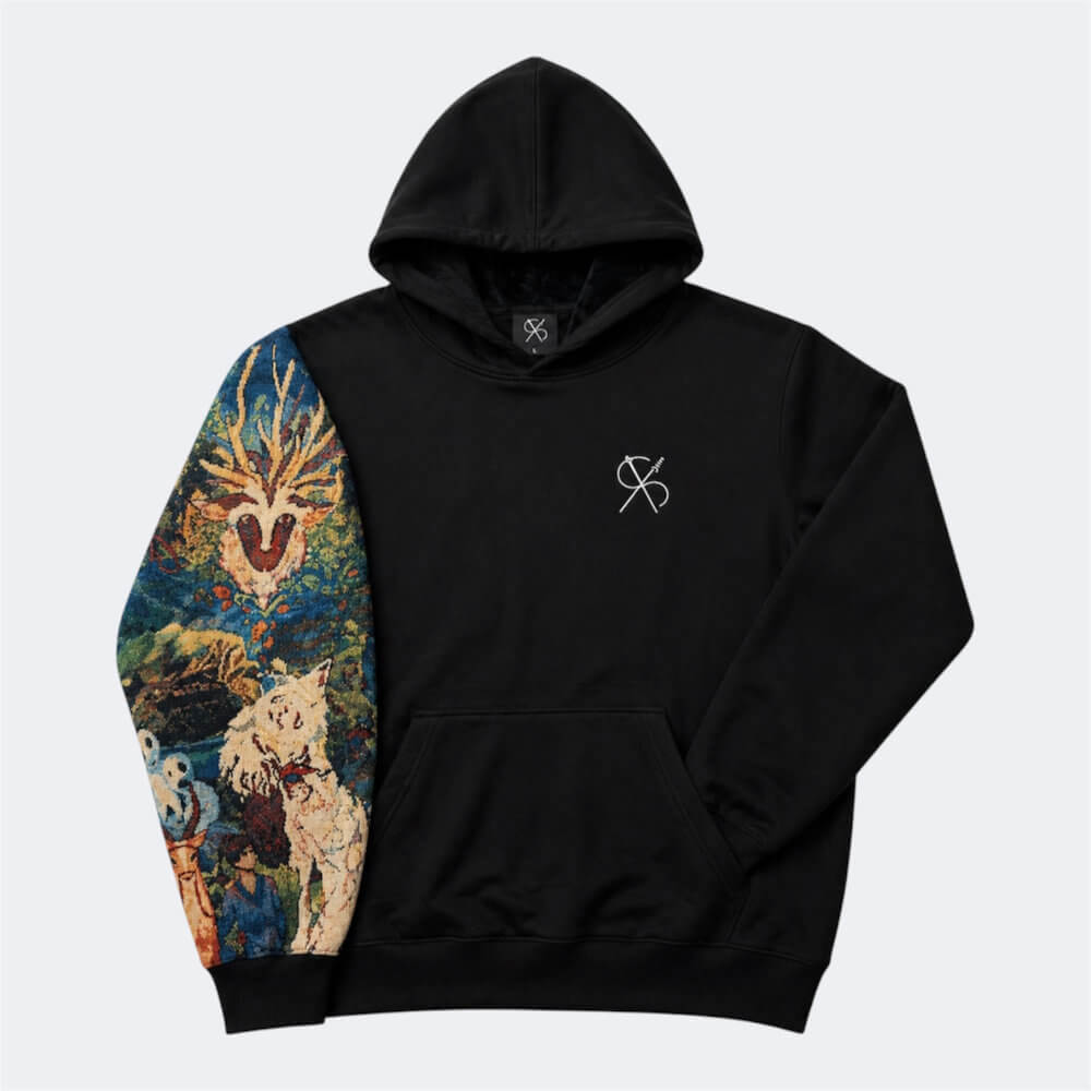 Schwarzer Hoodie mit gewebtem Forest Spirit Wald Motiv