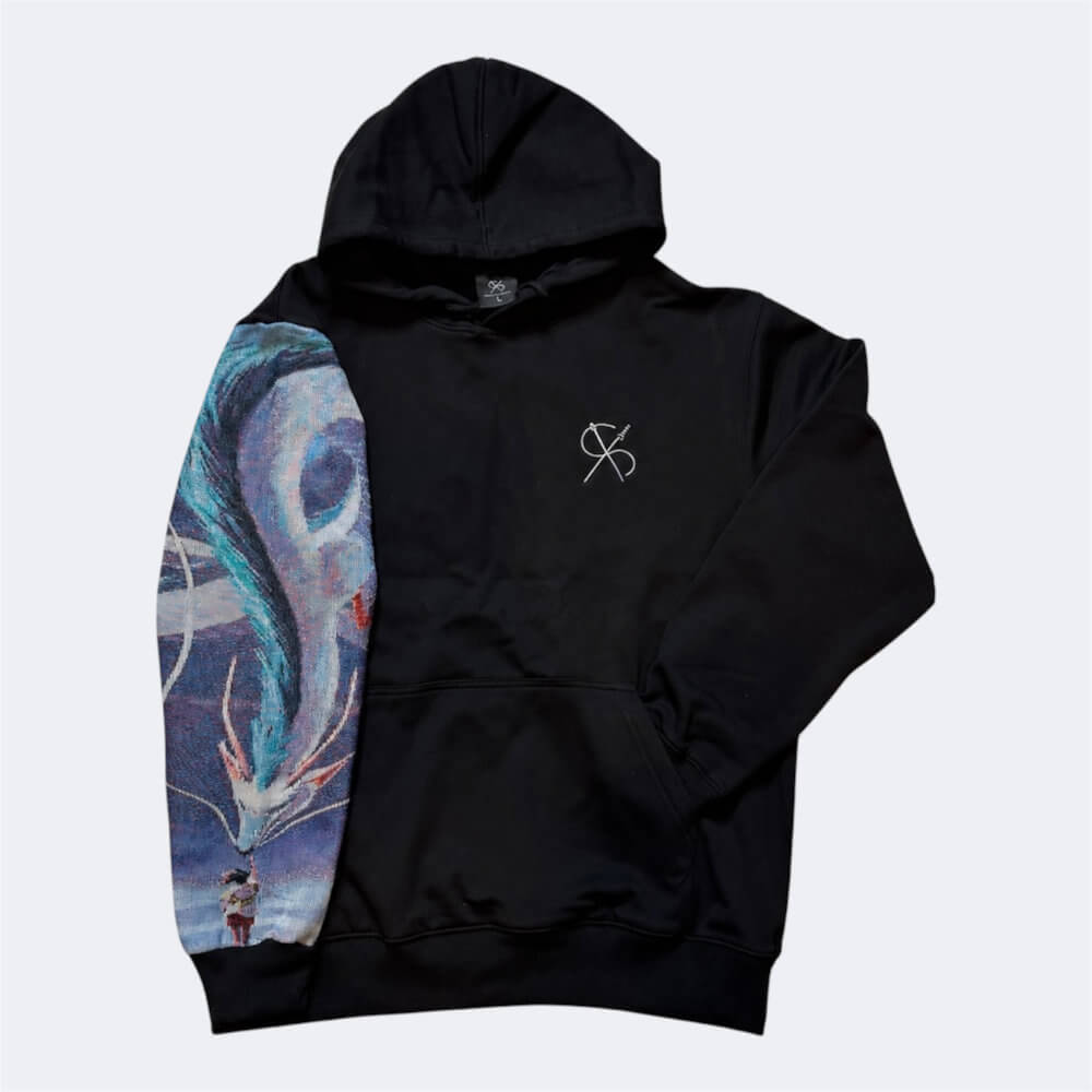 Schwarzer Hoodie mit gewebtem White Spirit Dragon Motiv